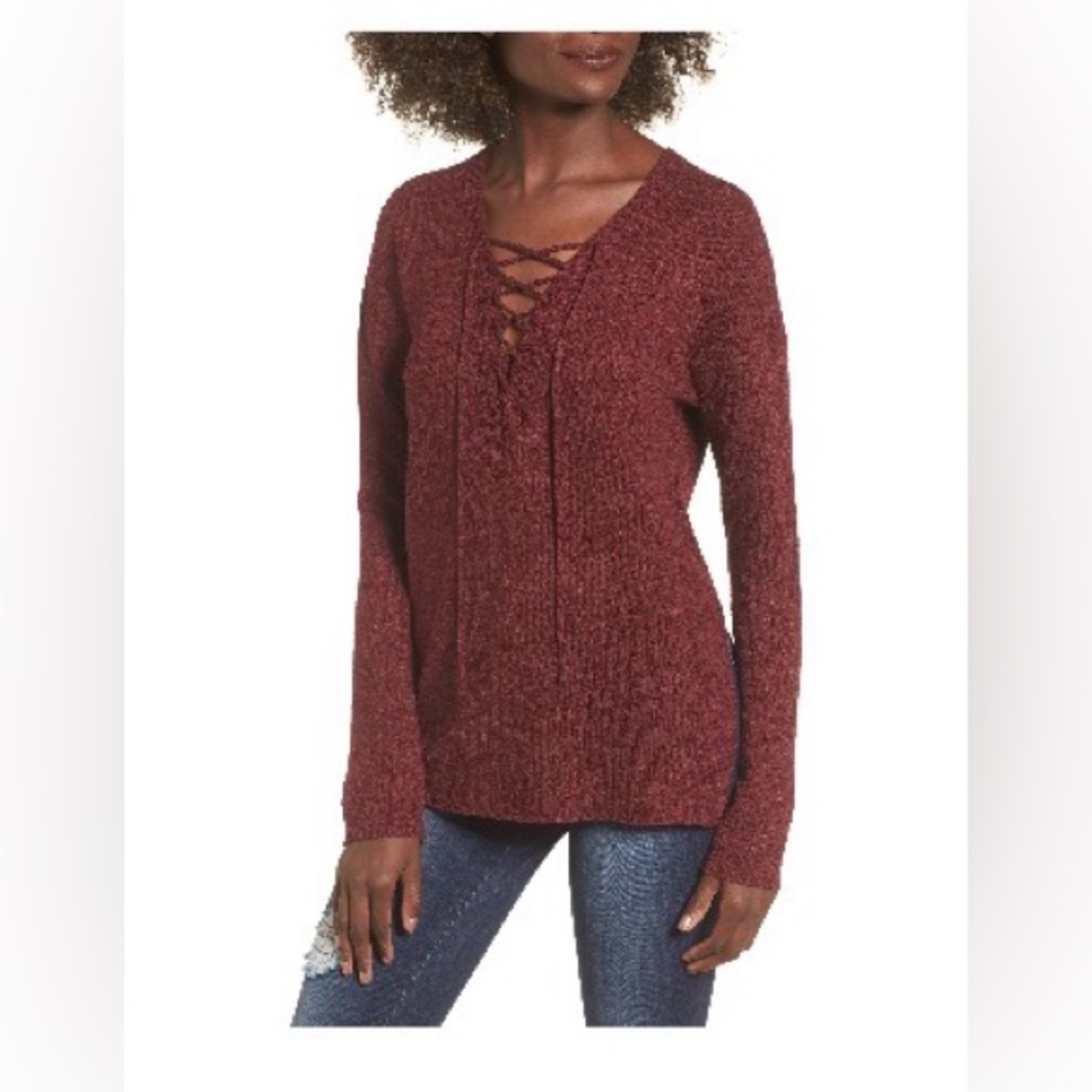 Astr Burgundy Lace-Up Sweater, Size S